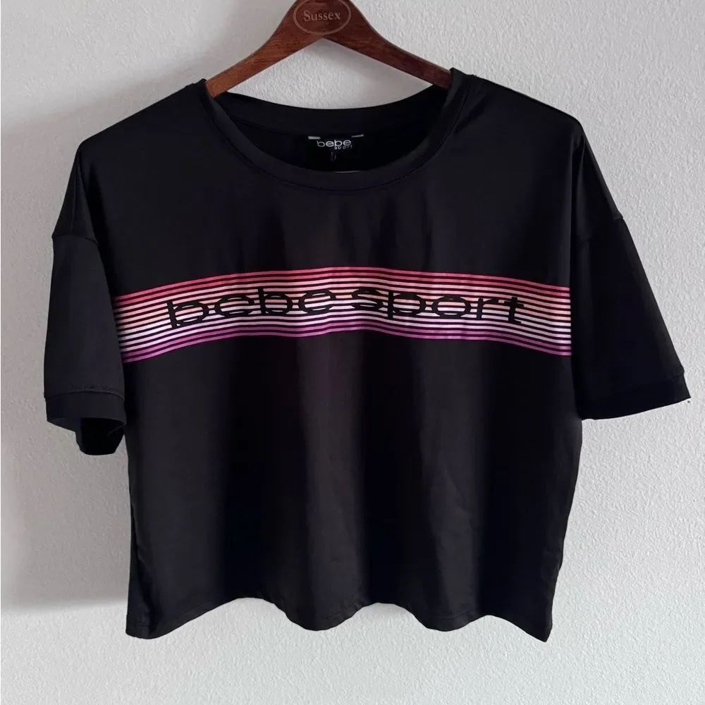 Bebe Sport Graphic Tee Cropped Jersey Style Sleeve Hem T-shirt Streetwear Sz L